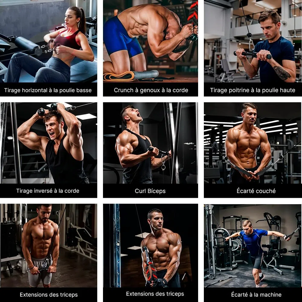 ManiBoom Kit Poulie Musculation (204 kg) - Système de Musculation Poulie avec Barre 2 en 1, Corde Triceps et Poignées pour Home Gym
