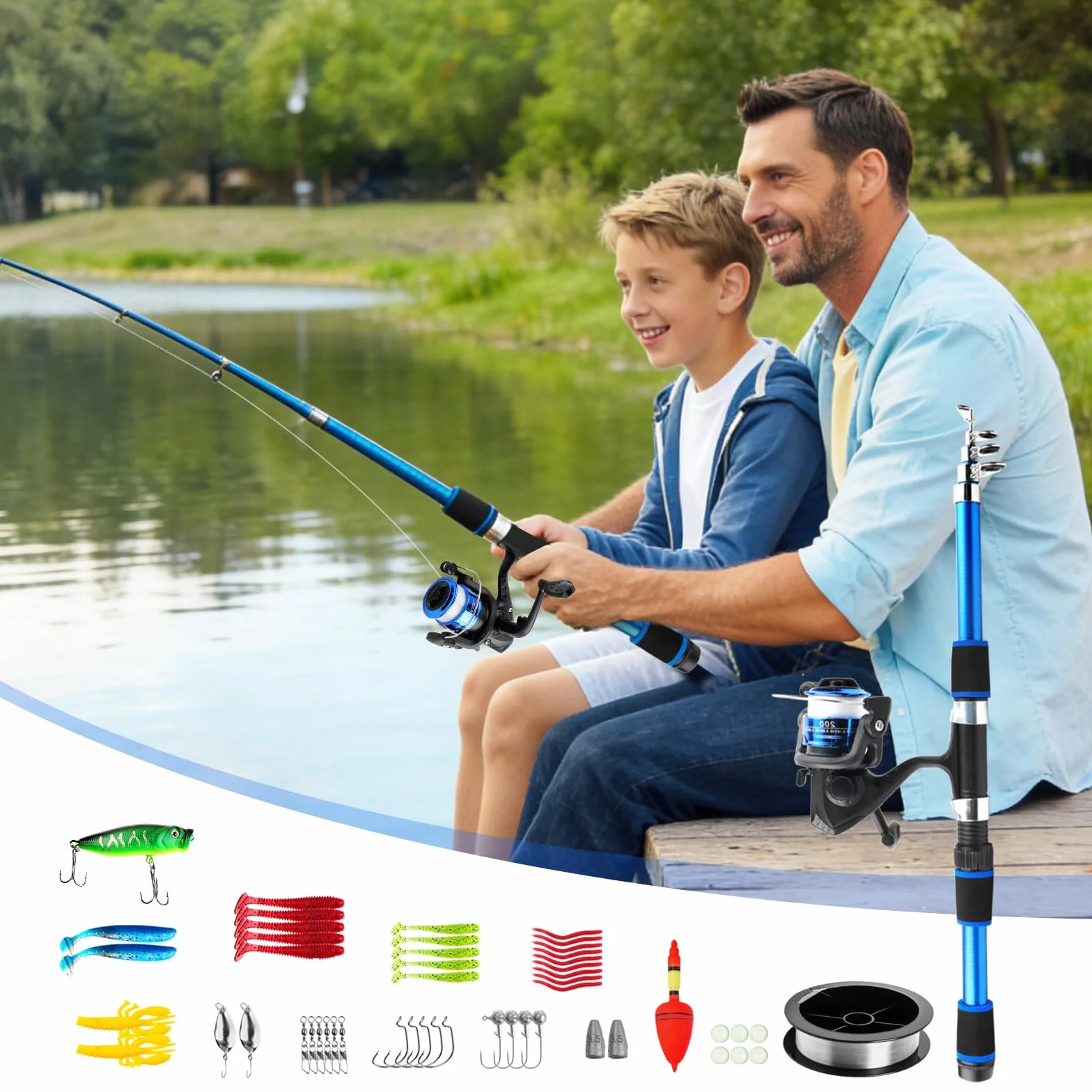 Kit de Pêche Enfant 55 Pièces Canne à Pêche Enfant Télescopique 1,8m avec Moulinet Leurres Épuisette et Sac de Transport Débutant Garçon Fille dès 3 Ans