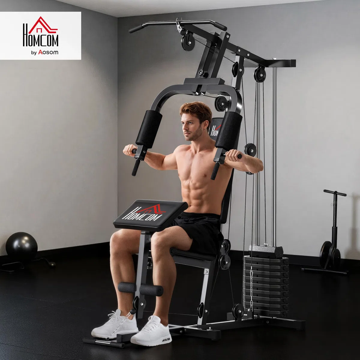 HOMCOM Station de Musculation Multifonction avec Stack de 65 kg, Double Poulie, Station de Développé Couché, Butterfly, Plateforme à Biceps & Développeur de Jambes, Noir
