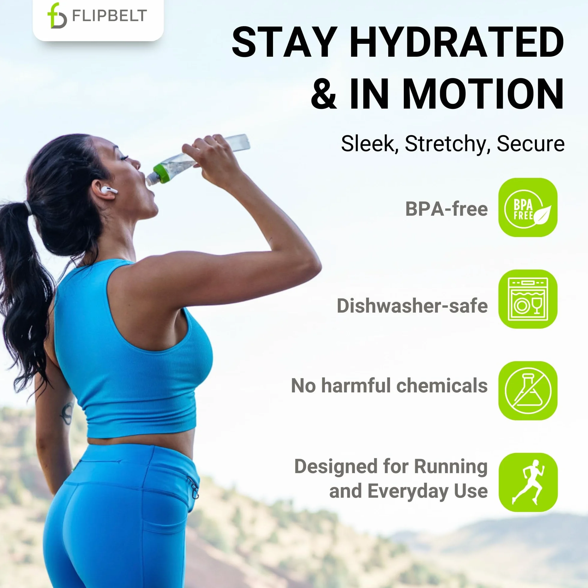 FlipBelt Arc Ceinture de course pour bouteille d'eau, bouteille d'hydratation incurvée, 38 ml, vert