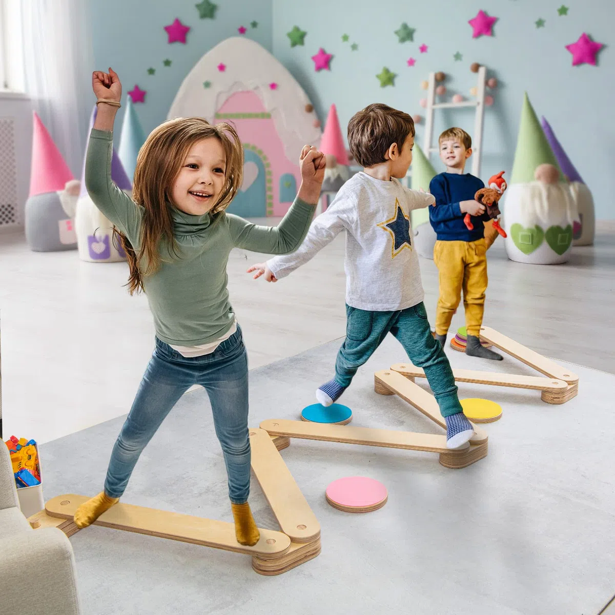 GOPLUS Poutre Équilibre Enfant, 12PCS Parcours de Motricité avec Pierre de Marche, Jouets d'Équilibre Intérieur en Bois, Charge 40 kg, pour 3-7 Ans, Multicolore