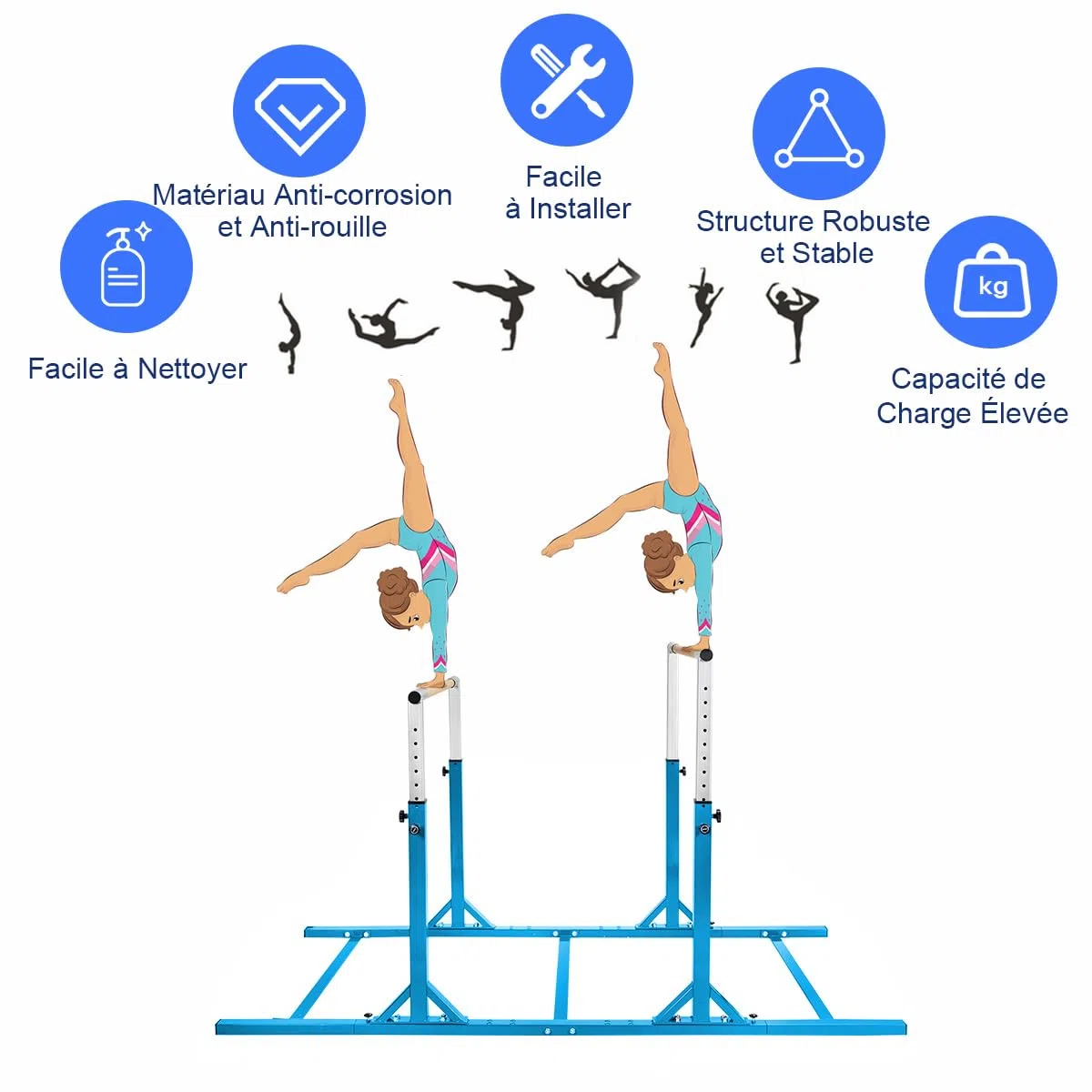 COSTWAY Barres Parallèles de Gymnastique Hauteur Réglable 11 Niveaux, Double Barre Gymnastique à Largeur Réglable Charge 100KG, Entraînement pour Enfants 6 à 12 Ans