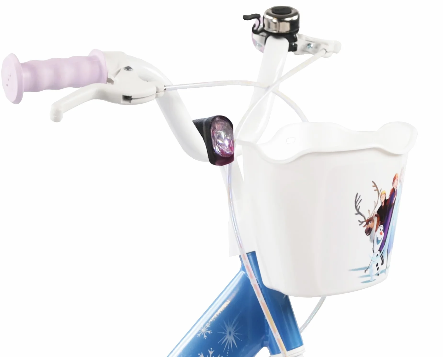 Vélo Reine des Neiges 14'' Fille équipé de 2 Freins Caliper - Roue Libre - Pneus Gonflables - Jantes aciers avec Rayons - Panier Avant - Porte-poupée arrière - Garde-Boue - 2 Stabilisateurs