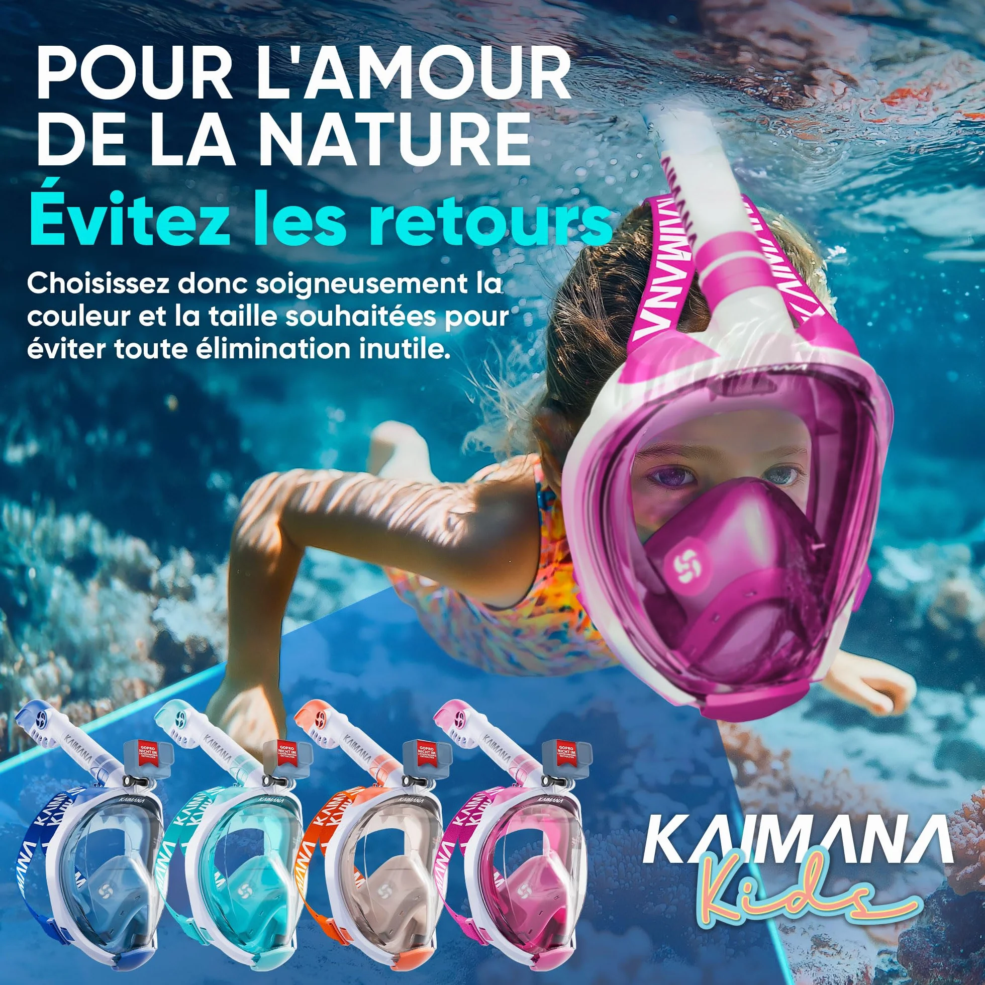 KAIMANA® Masque Plongée Adultes et Enfantes | Snorkeling Intégral Anti-Buée CO2 Safe | Tuba Adulte | Sac de Transport Inclus