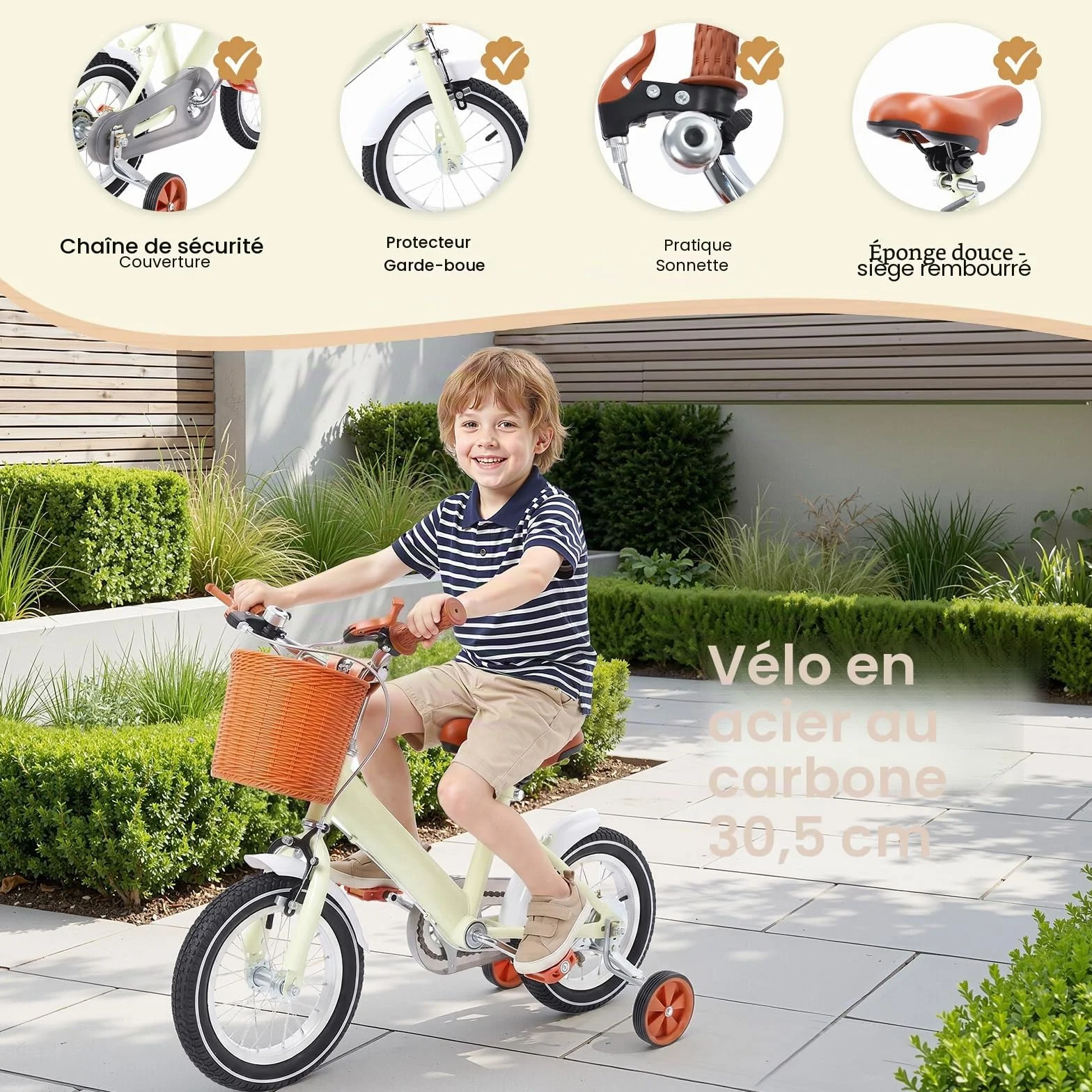 Vélo enfant 12 pouces avec panier avant roues stabilisatrices 2-4 ans hauteur réglable 60-70 cm