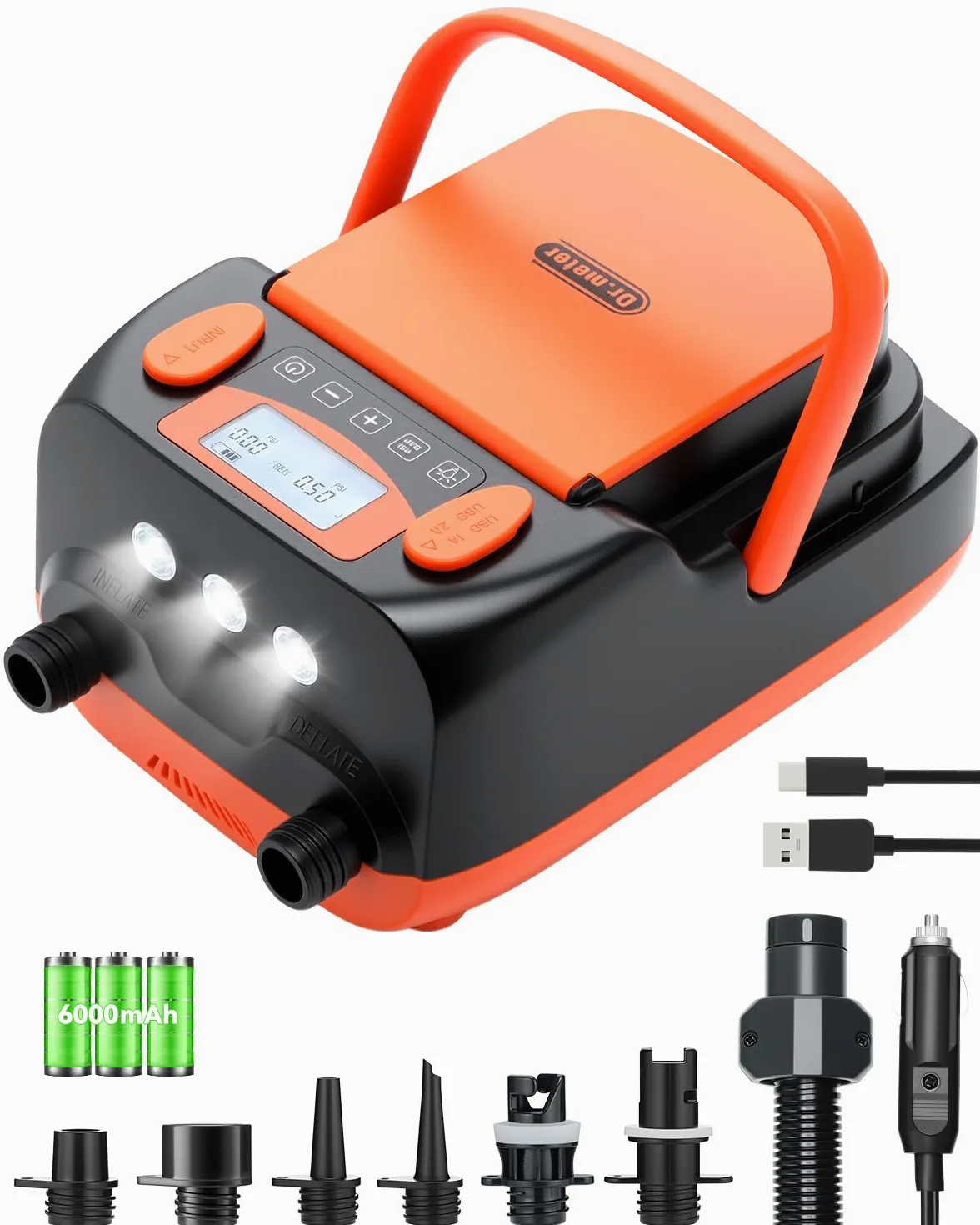 Dr.meter 6000mah Pompe à Air électrique pour Stand up Paddle, 12V DC Haute Pression avec 2 Ports USB 3 Lumières LED et 6 Buses pour gonflables Stand Up Paddle, Matelas,Bateaux,Tente