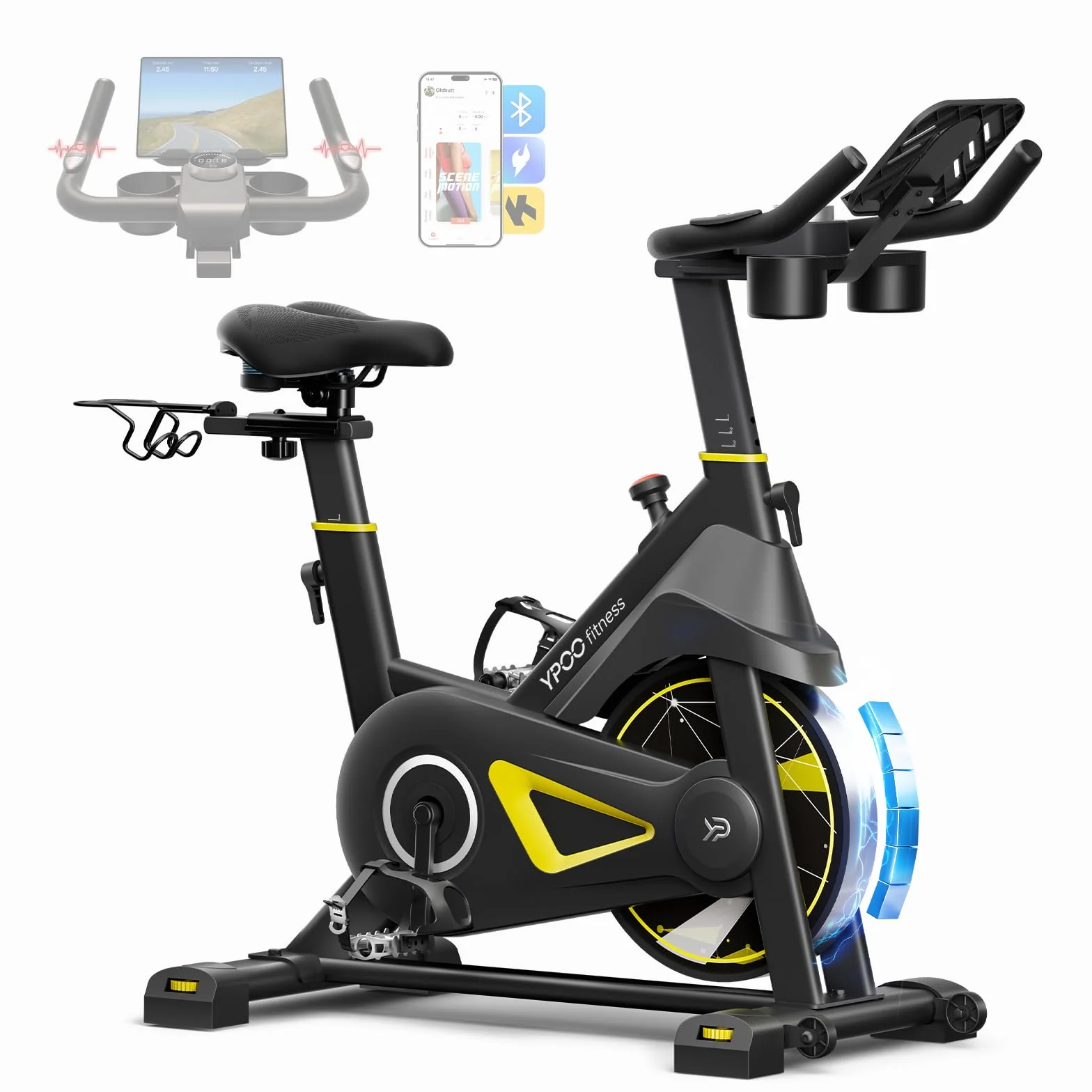 YPOO Vélo d’Appartement, Résistance Magnétique Réglable, Siège Confortable, Support Tablette & App Exclusive, Vélo d’Intérieur pour Cardio à Domicile, Grande Capacité de Charge