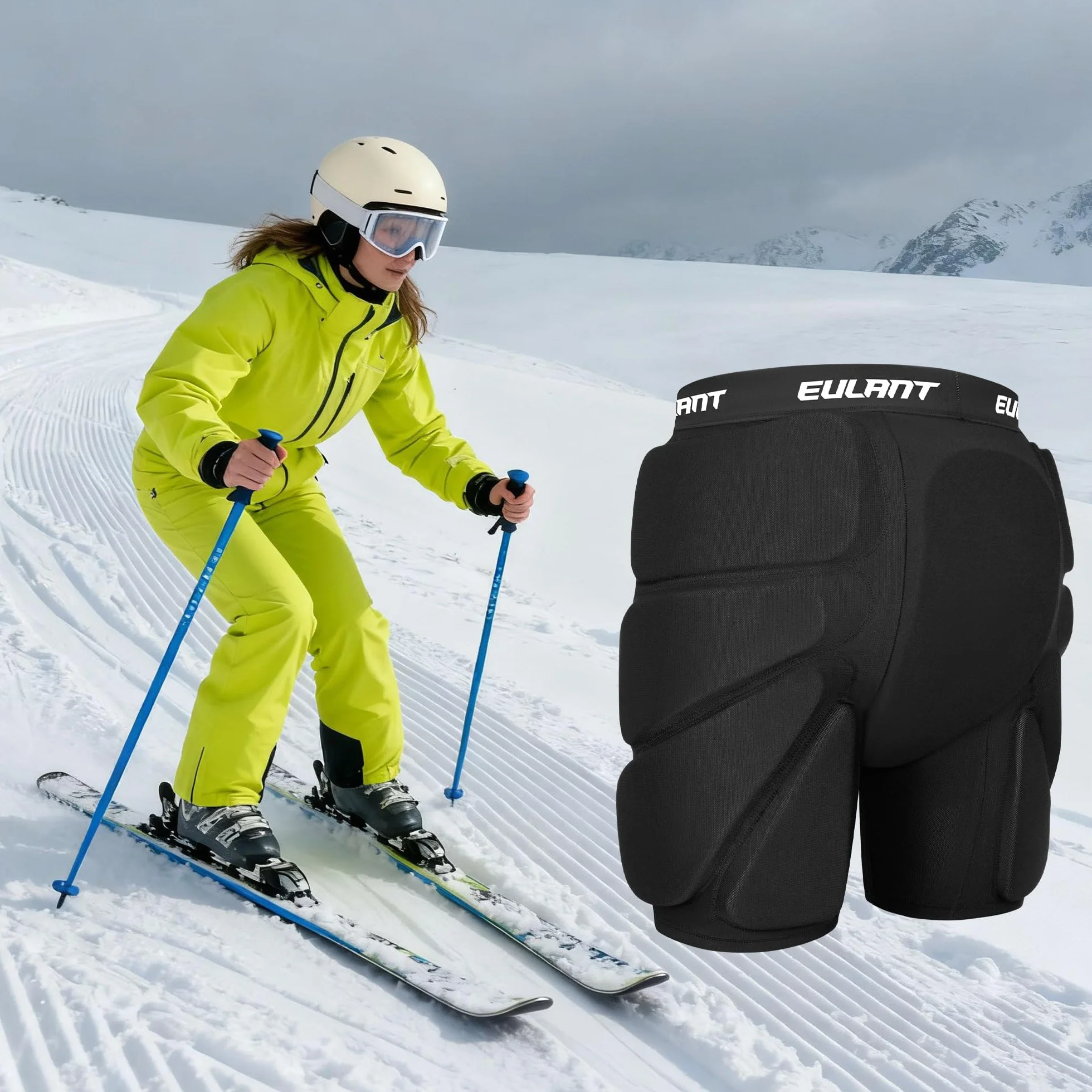 EULANT Short de Protection Rembourré pour Snowboard/Ski/Patinage sur Glace/Ski à roulettes/Vélos/Skate, Protection Hip Pad, Coussinets de Protection 3D pour Hanche / Cul / Coccyx