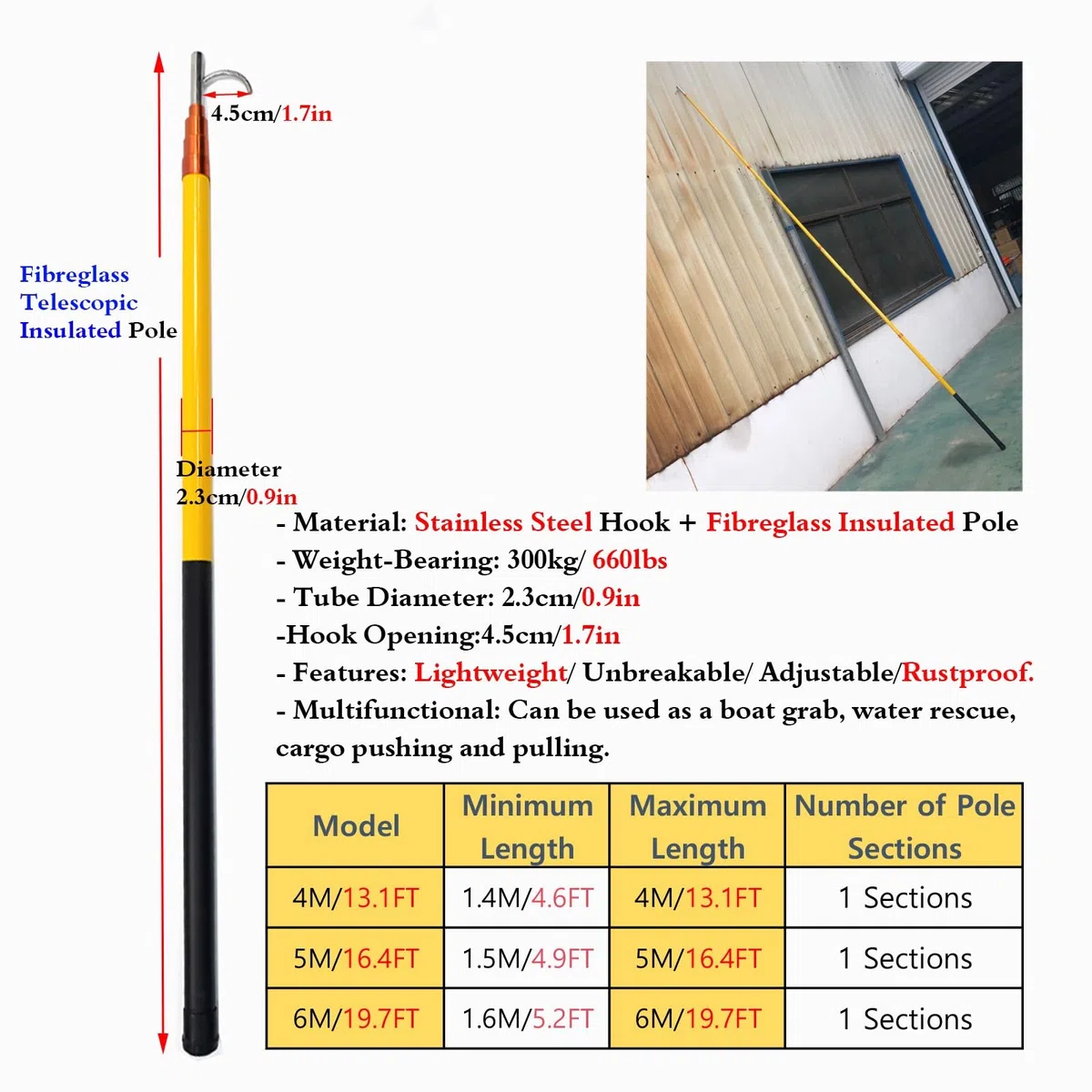 Perche Pour Crochet De Bateau Canne Télescopique Multifonctionnelle De 4 M, 5, 6 Mètres De Long Pour Bateau/ramassage, Canne À Leurre Rétractable Légère Avec Longue Portée Professionnelle(White,5M/16.