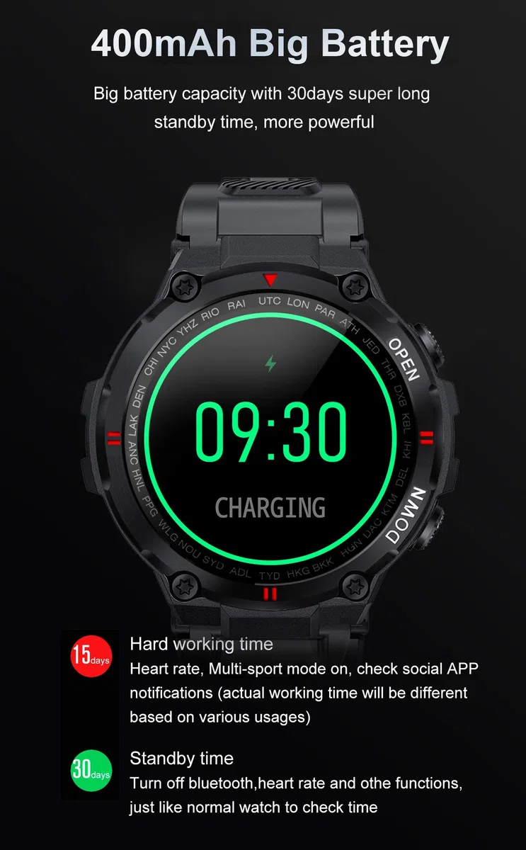 Montre connectée avec suivi de fitness, affichage rond complet de la fréquence cardiaque et de la pression artérielle, Bluetooth - Noir