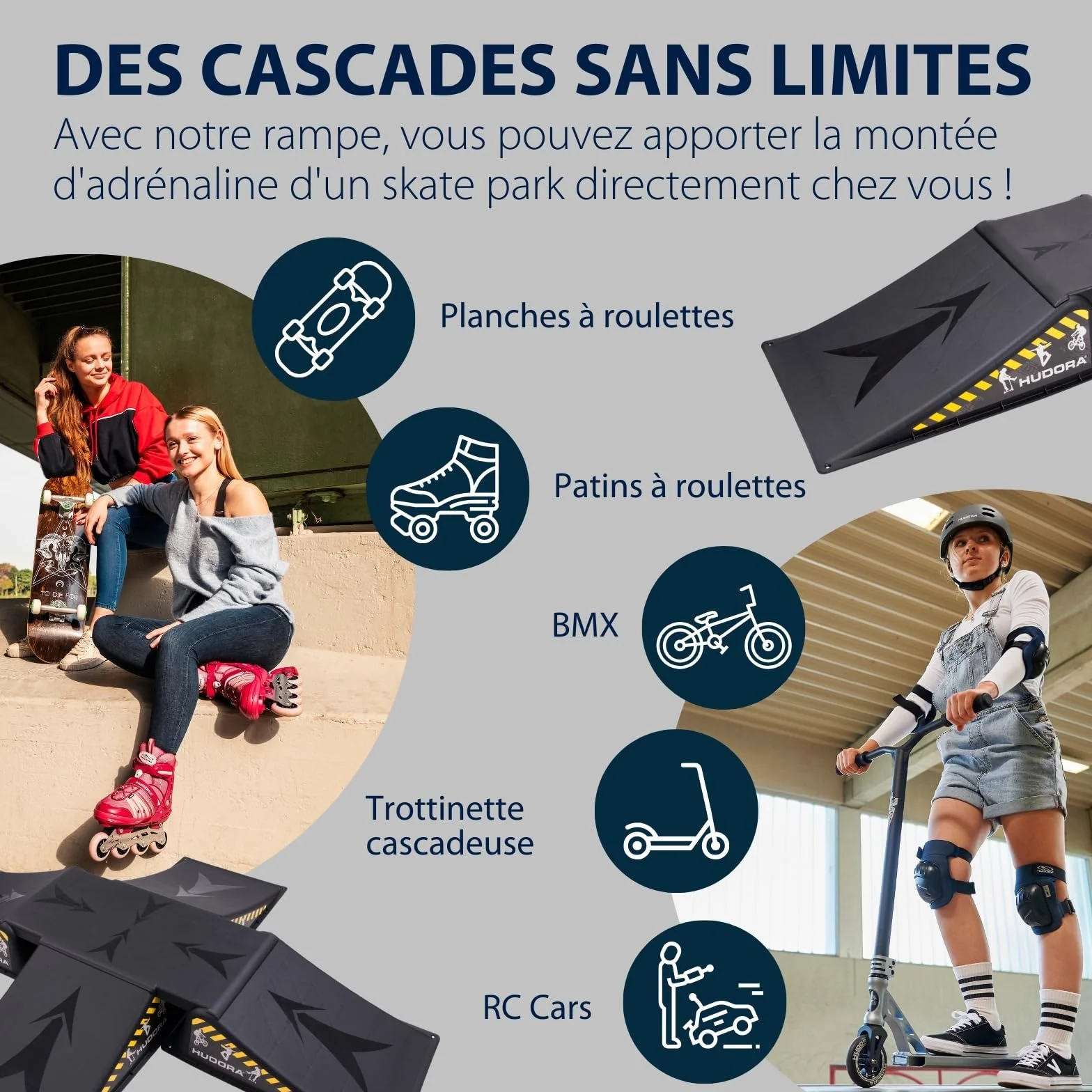 HUDORA Rampe de Skate - Set de 3/5 rampes de Skateboard pour la Cour & Le Jardin - Mini Rampe Polyvalente en Plastique pour Enfants & Ados jusqu'à 60/80kg - Equipement de Skatepark pour chez soi