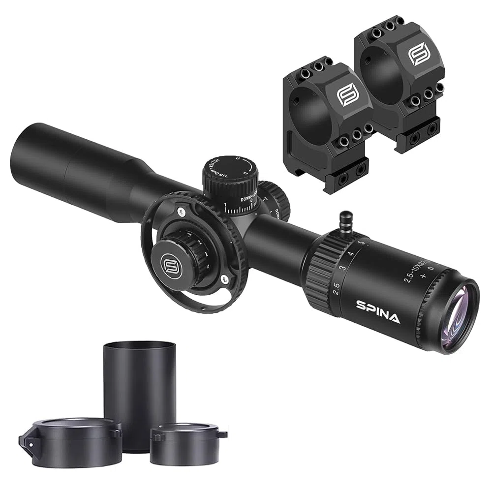 SPINA OPTICS Lunette de visée 2.5-10x32 SFP Lunette Chasse avec éclairage mil Dot Reticle, Tube de 30 mm deuxième Plan Focal avec Support annulaire de 20 mm