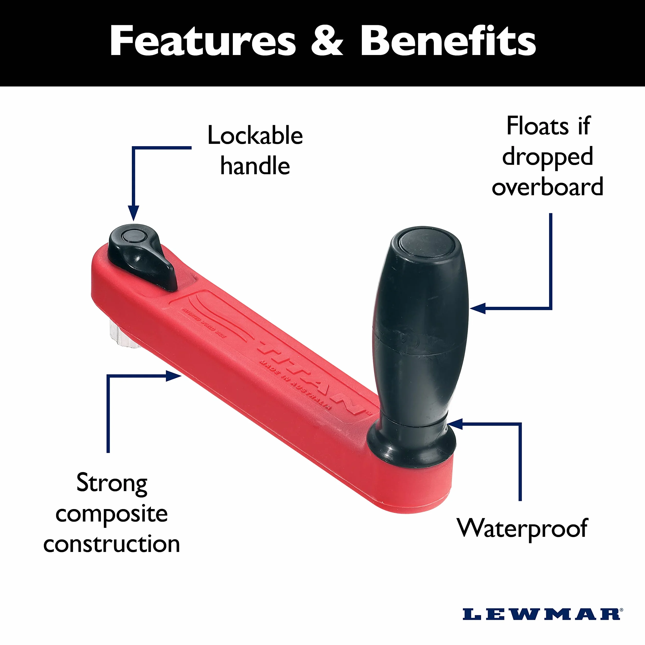 Lewmar Titan 8" Locking Winch Handle, Red for Sailboats Treuil « », Rouge, 8 inches