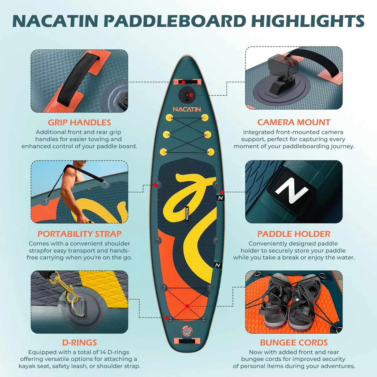 Paddle Gonflable Adulte, NACATIN 10'6" Stand Up Paddle Gonflable avec Pagaie Réglable, Pompe, Sac à Dos, Sac Étanche, Idéal pour Tous Les Niveaux de Compétence (Siège de Kayak Optionnel Disponible)