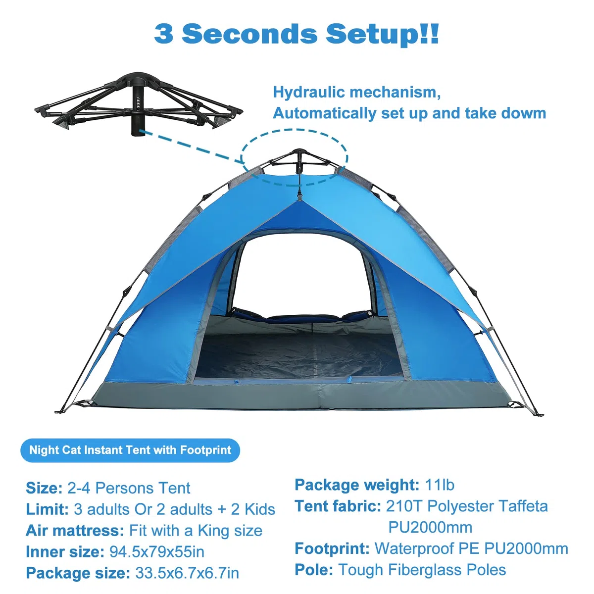 Night Cat Tente de Camping 3 4 Personne Imperméable Installation Facile Instantanée Pop Up Dome Tente Familiale Automatique