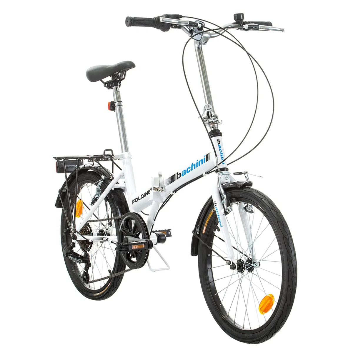 Multibrand Bachini Folding Vélo Pliant Classique 20 Pouces, 6 Vitesses, Frein V-Brake, Garde-Boue, Sonnette, pour Adultes et Adolescents, Convient pour 155–185 cm (Blanc avec Bleu et Noir)