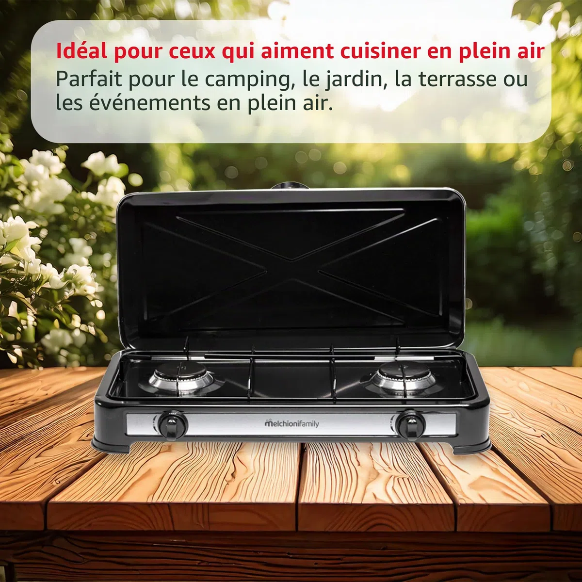 Melchioni Family | Réchaud à Gaz 2 Feux Noir MINERVA 2 – Compact, Puissant et Parfait pour le Camping et l’Outdoor