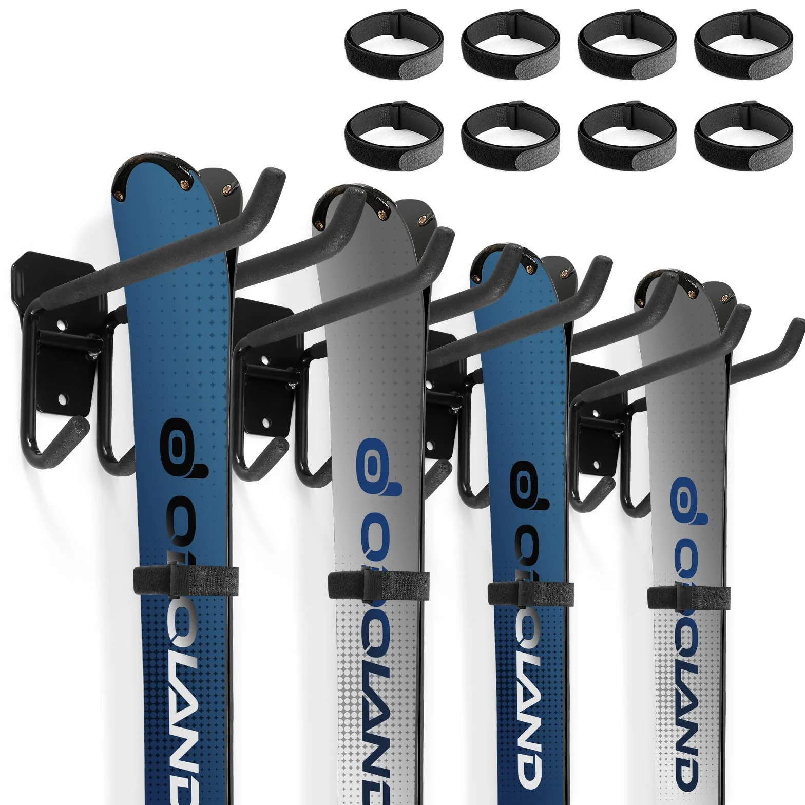 Odoland Kit de Support Rangement pour Skis Peut Contenir 4/2 Paires Snowboards, 4/2 Supports de Stockage Mural avec 8/4 Sangles en Velcro, Support Mural Skis pour Maison et Garage