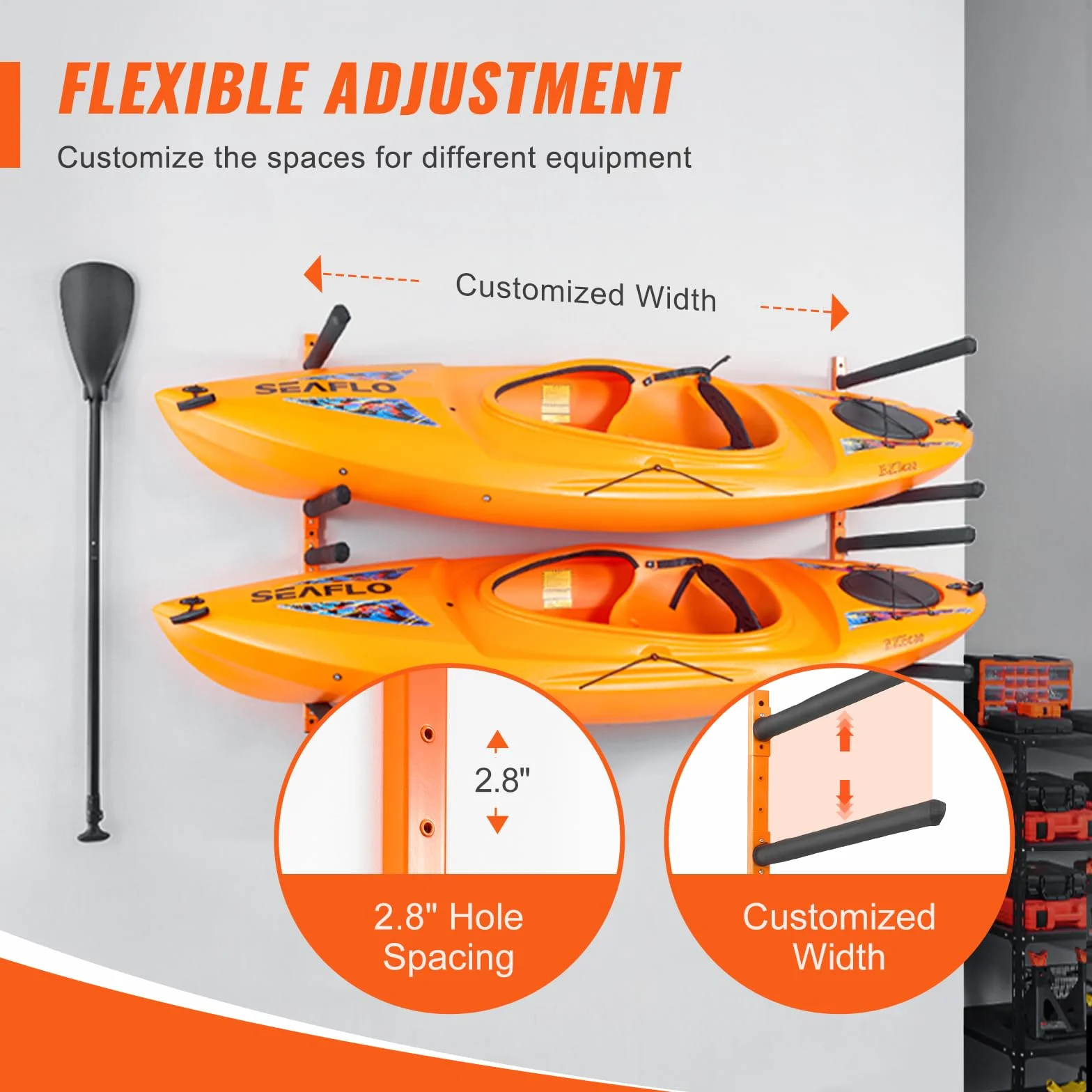 VEVOR Support Mural pour 4 Kayaks, Porte-Kayak, Canoë, Paddle SUP, Crochet de Rangement pour Kayak avec Bras Rembourrés Réglables, Charge de 181,4 kg, Cintre pour Kayak pour Garage Intérieur Extérieur