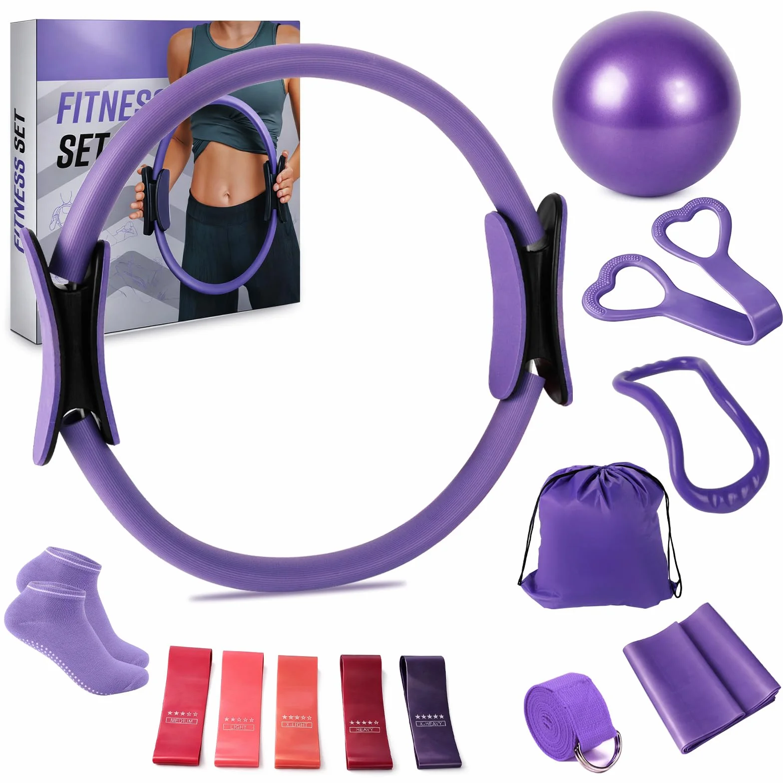 Roadtime Kit Pilates pour la maison, kit débutant de 13 pièces avec balle de yoga de 25 cm, cercle magique de 35 cm, 5 bandes de résistance, chaussettes de yoga, disques glissants, anneau de Pilates