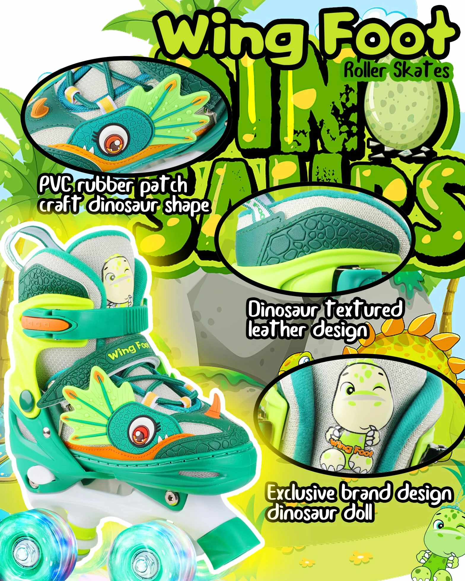 Dinosaure Patins à roulettes Enfant Roller Quad Roues Garçons Filles Taille Réglable Ajustable avec 4 Roues Lumineuses pour Débutants Cadeau Noël d'anniversaire
