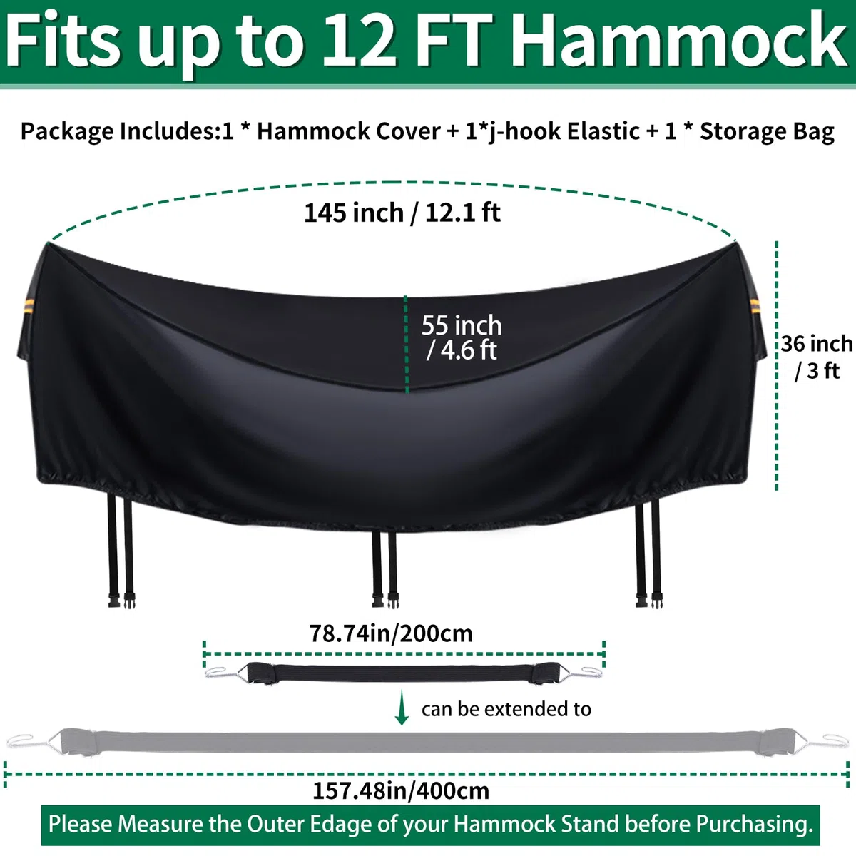 Housse de hamac imperméable et durable 420D pour support de hamac de 3,7 m, coupe-vent, 3 boucles et 1 cordon élastique, aération aérée, poignée réfléchissante, protection contre les intempéries