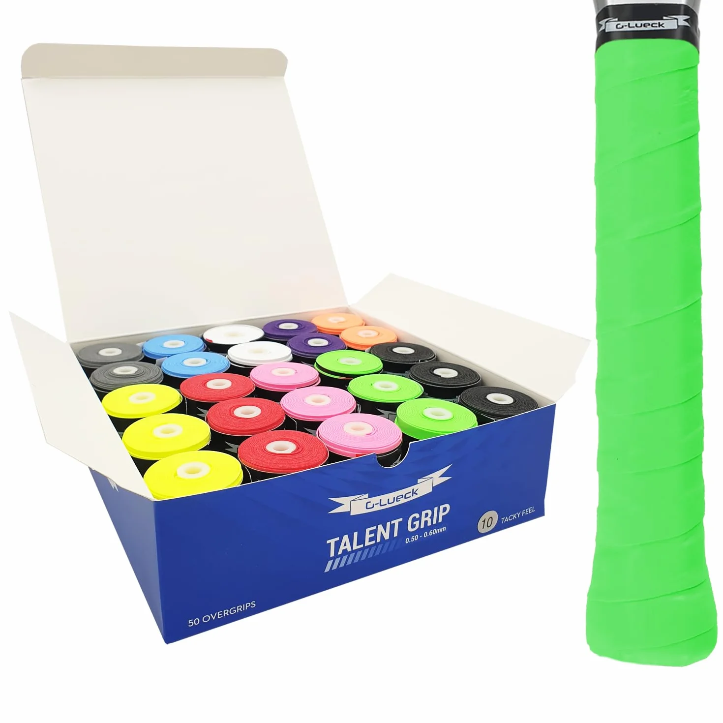 G-Lueck Lot de 50 overgrips de Tennis (très adhérents) | Talent Grip | 0,50-0,60 mm d'épaisseur | Surgrips pour Raquette de Squash, Badminton et Baby-Foot avec Bande de Finition adhésive |