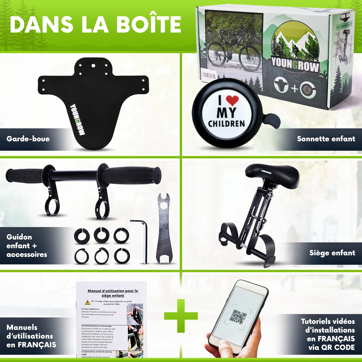 YOUNGROW | Siege Velo Enfant Avant | La Selle Velo Enfant est Compatible avec Les VTT, pour Les Enfants de 2 à 6 Ans pour Un Poids Maximal de 24kg - Siege Enfant Velo Confortable