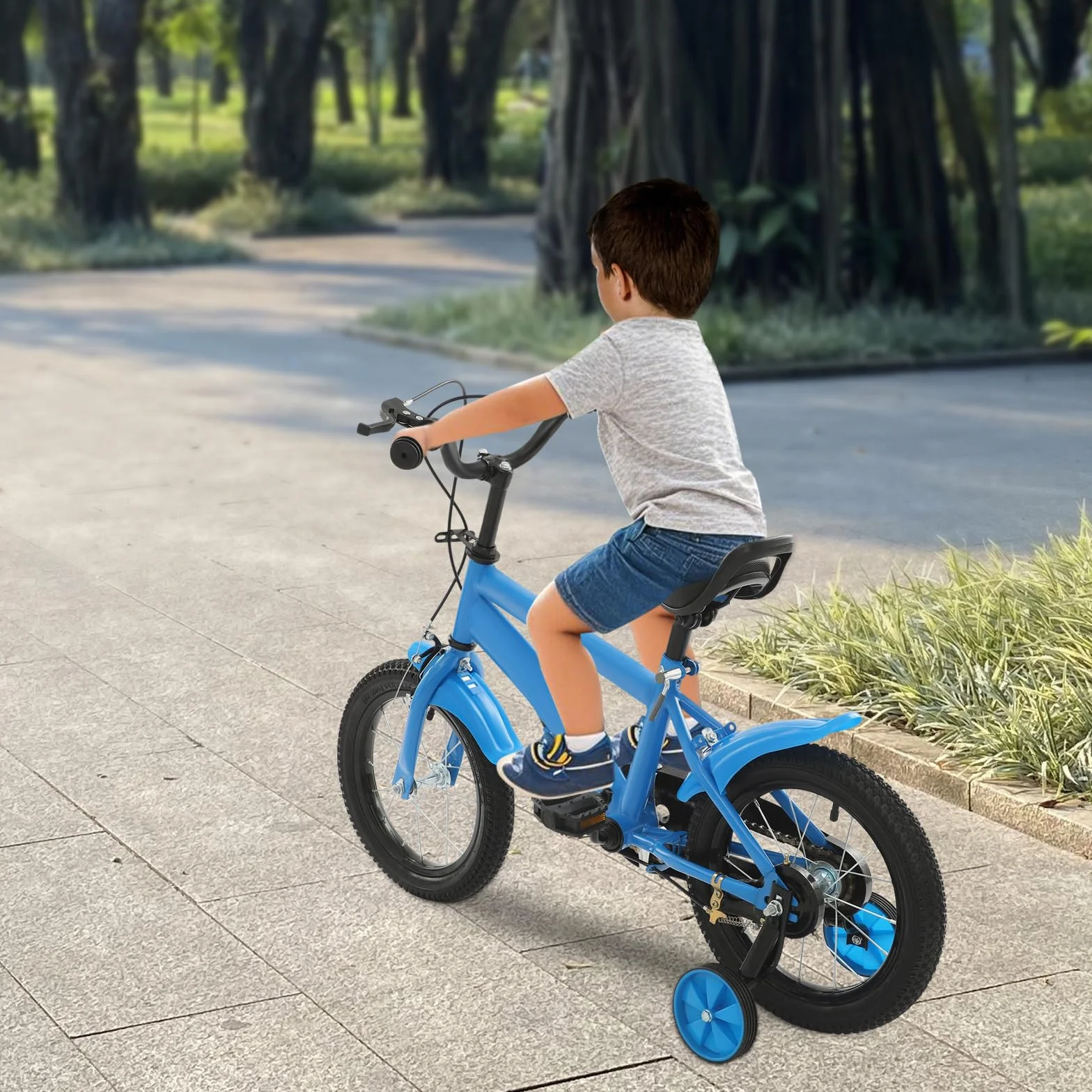 Vélo Enfant 14 Pouces Réglable Acier Carbone Garçon Fille Roues Stabilisatrices 3-6 Ans