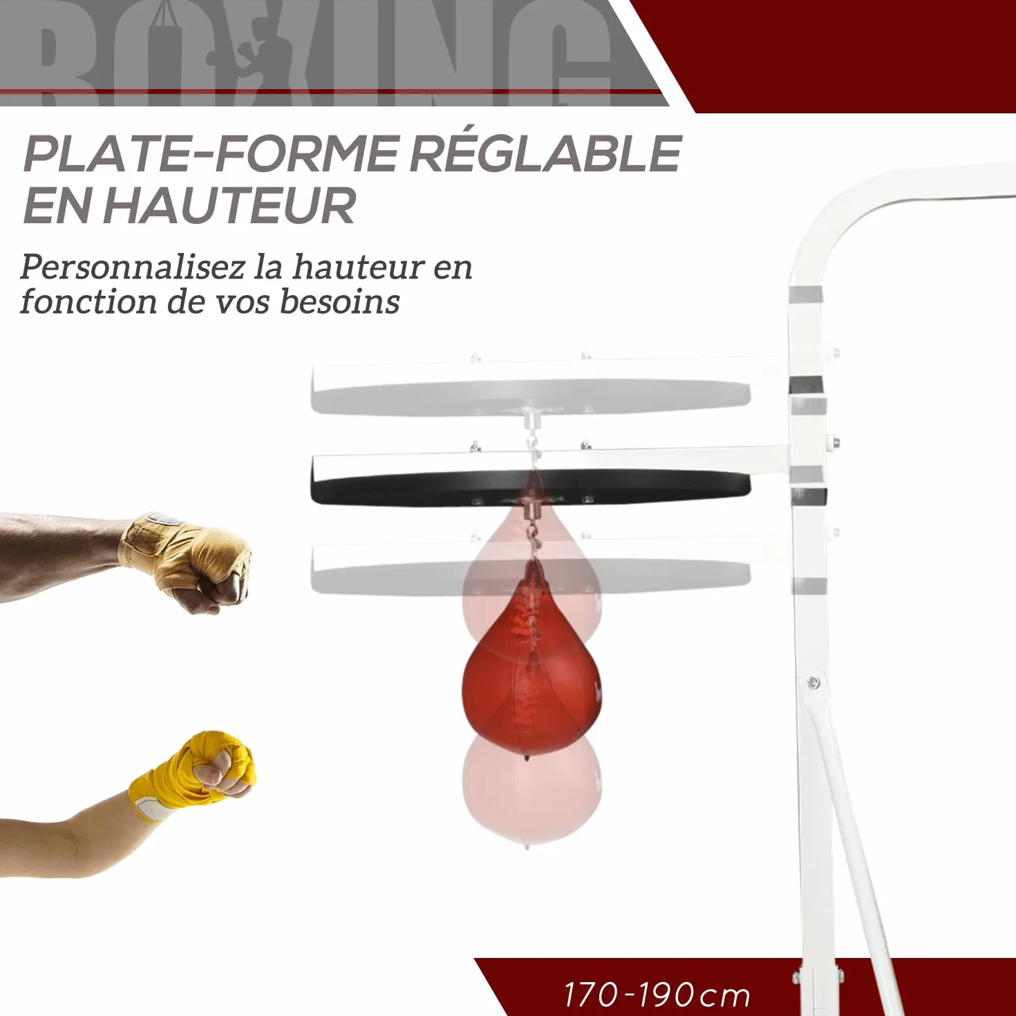 HOMCOM Support pour Sac de Frappe sur Pieds autoportant 2 en 1 avec Poire de Vitesse Hauteur de Plaque Ronde réglable, équipement d'entraînement en Acier Robuste pour Maison Blanc