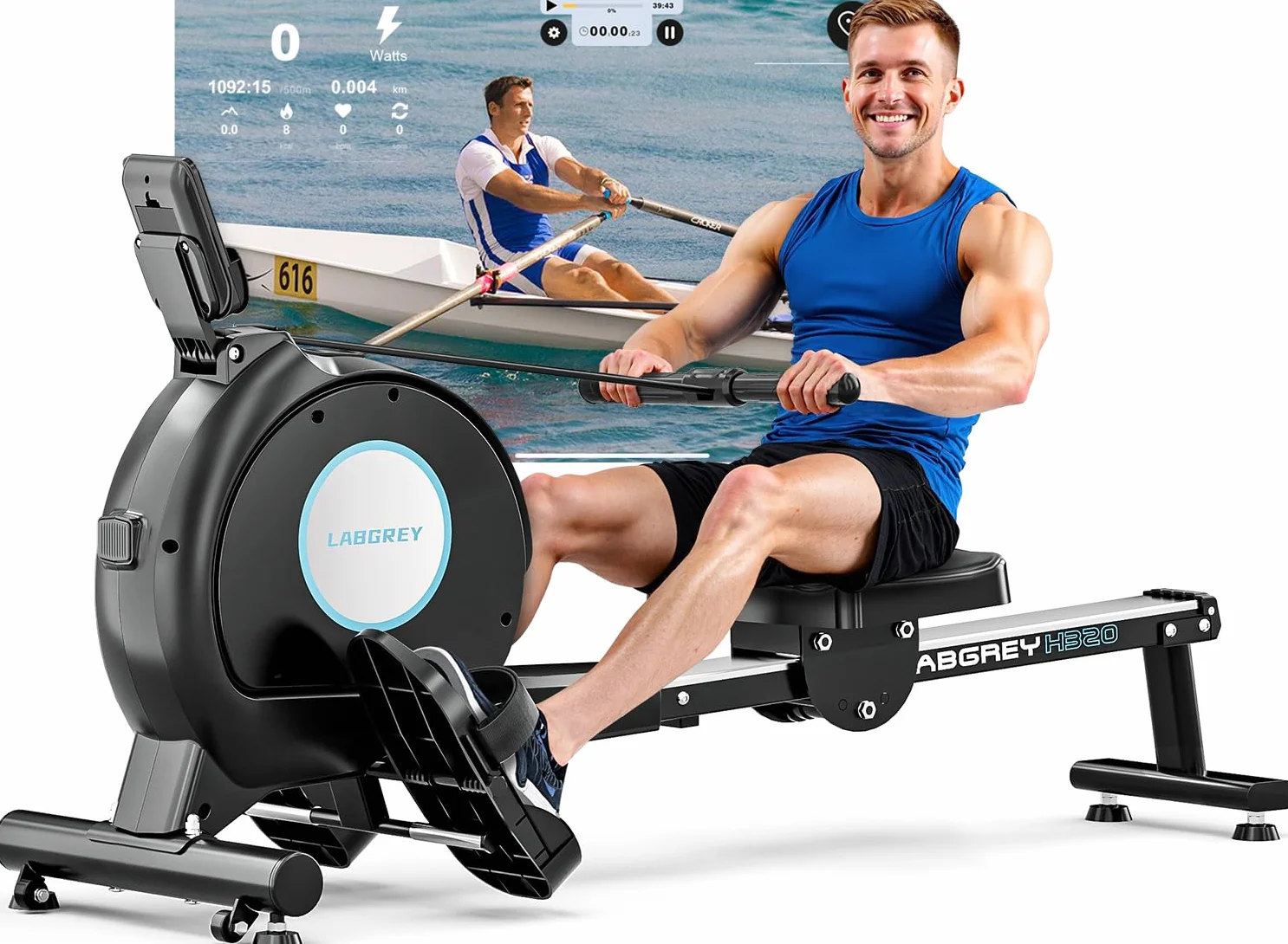 LABGREY Rameur Magnétique D'appartement, Rameur Bluetooth, Écran LCD, Silencieux, Capacité Maximale 158 kg, Idéal pour l’Entraînement Cardio à Domicile