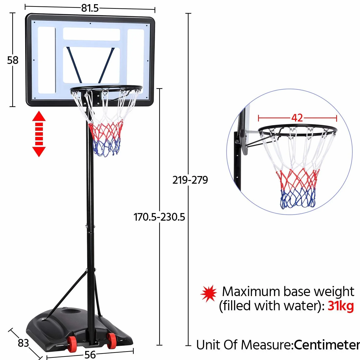 Yaheetech Panier de Basket sur Pied Exterieur Hauteur Réglable 219-279 cm Deux Roues avec Poteau Panneau Panier de Basket-Ball Remplir d’Eau ou de Sable Noir