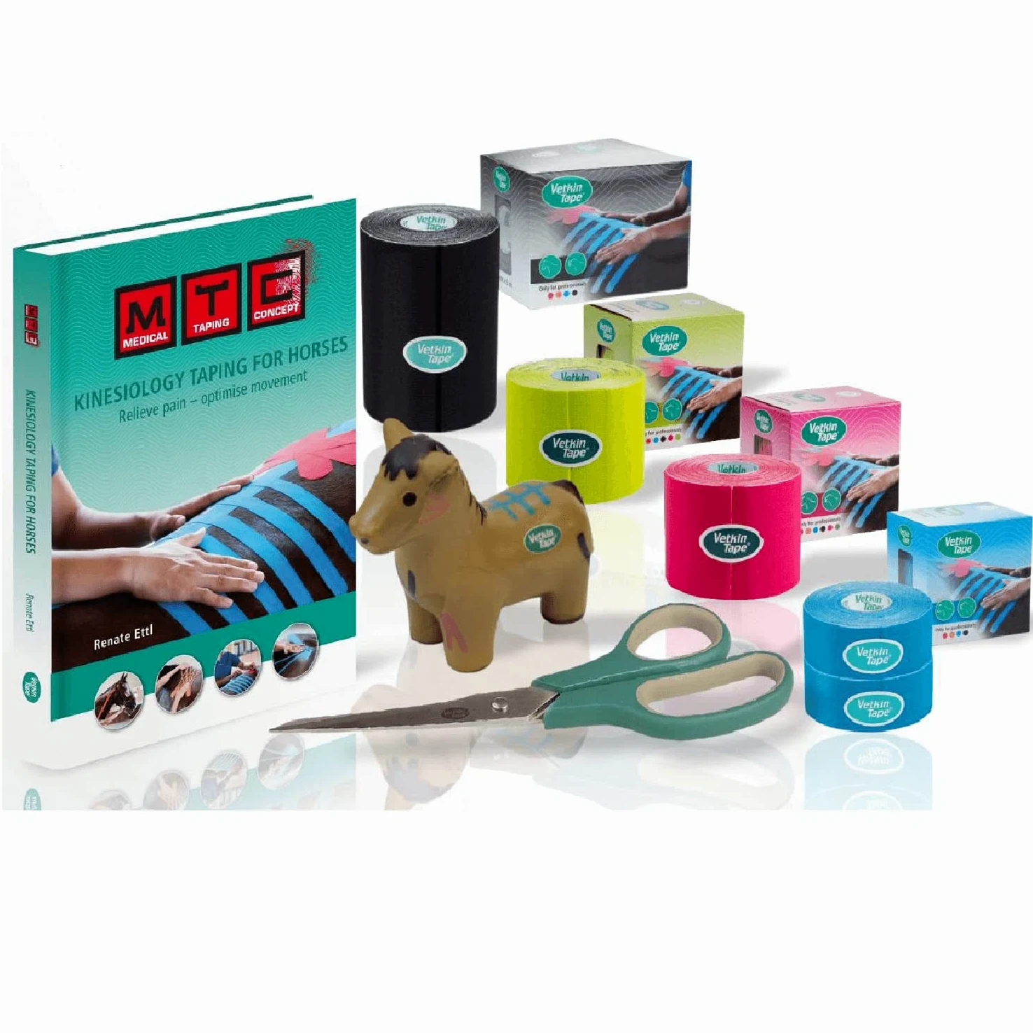 Vetkin Tape Kit d'introduction équine | Ruban de kinésiologie équine | Livre de Taping pour chevaux | 3 tailles de ruban de kinésiologie vétérinaire | Ciseaux Premium