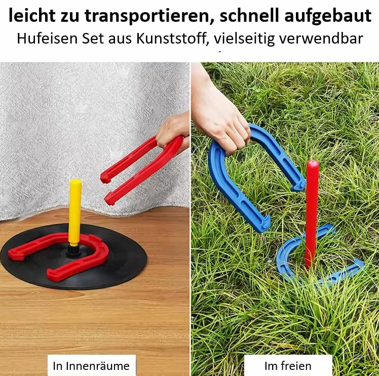Jeu de fer à cheval - Pour l'intérieur et l'extérieur - 2 poteaux avec assiette en caoutchouc, 2 piquets de jardin, 4 fers à cheval en caoutchouc, avec sac en filet