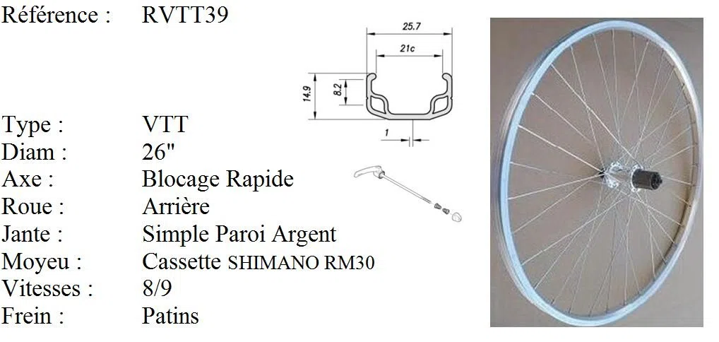 Roue 26" VTT Arriere Jante ALU Simple PAROI Argent Frein Patin MOYEU ALU Blocage Rapide Cassette 8/9V