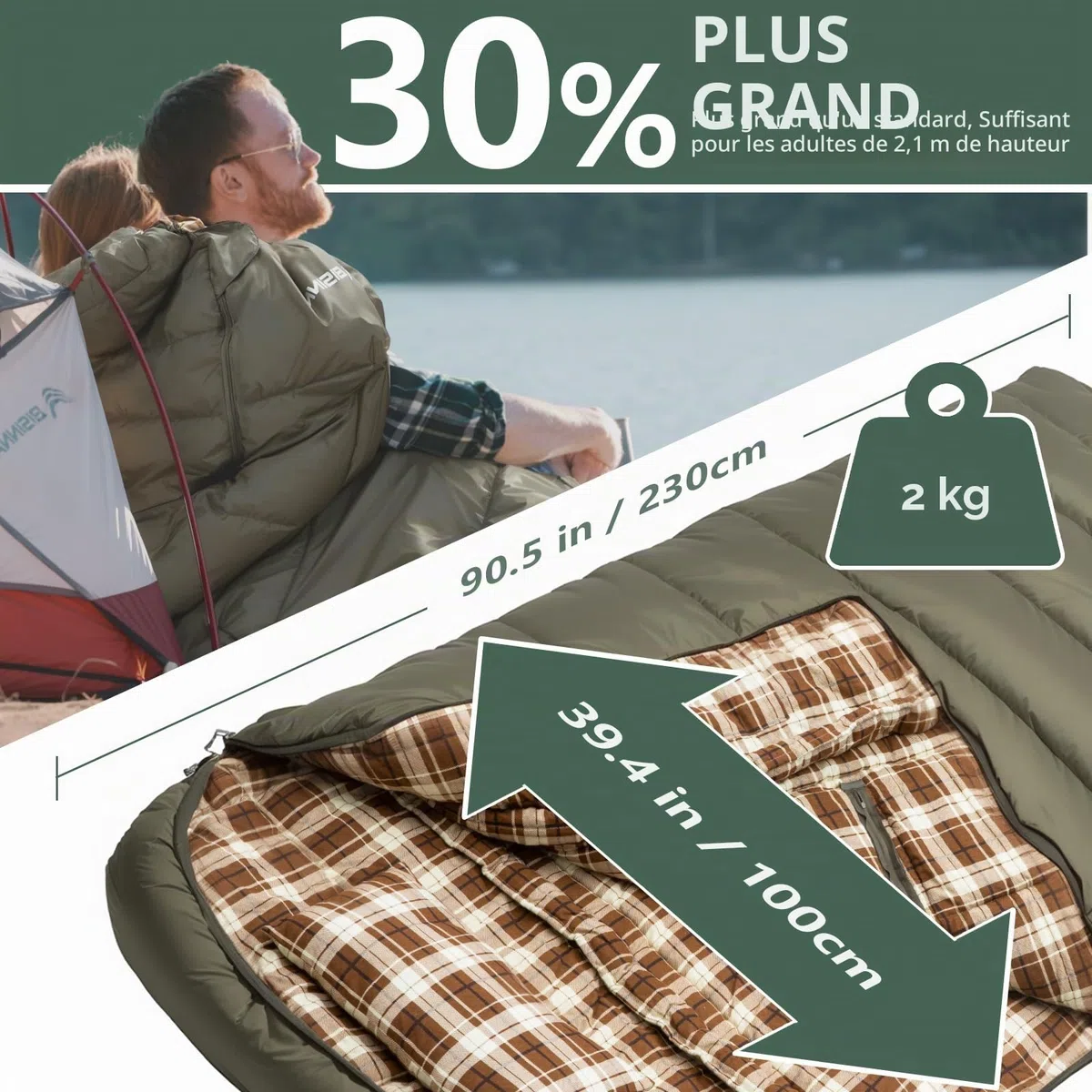 BISINNA Sac de Couchage 3 Saisons XXL en Flanelle avec Oreiller pour Adultes Chaud et imperméable pour la randonnée, Le Camping intérieur et extérieur, avec Sac de Compression