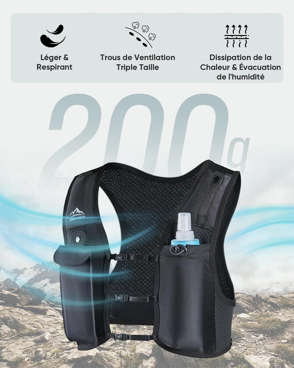 Zelvot Gilet Hydratation Running Femme et Homme, Brevet Original, Bretelles de Poitrine Réglables, Gilet Running avec Bouteille d'eau de 500 ML, Léger et Réfléchissant Gilet de Course