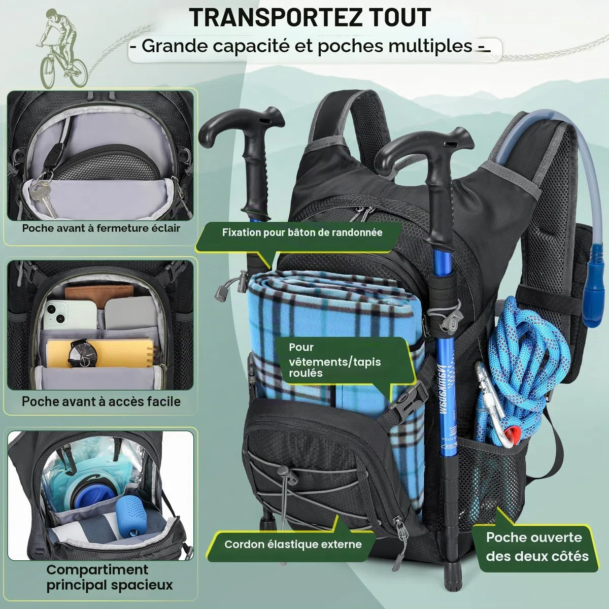 RAINSMORE Sac à Dos D'hydratation avec Vessie d'eau de 2L Sac à Dos Randonnée Moto Sport 18L Homme Femme Léger Isolé avec Housse de Pluie pour Course à Pied Cyclisme l'escalade Trail Running