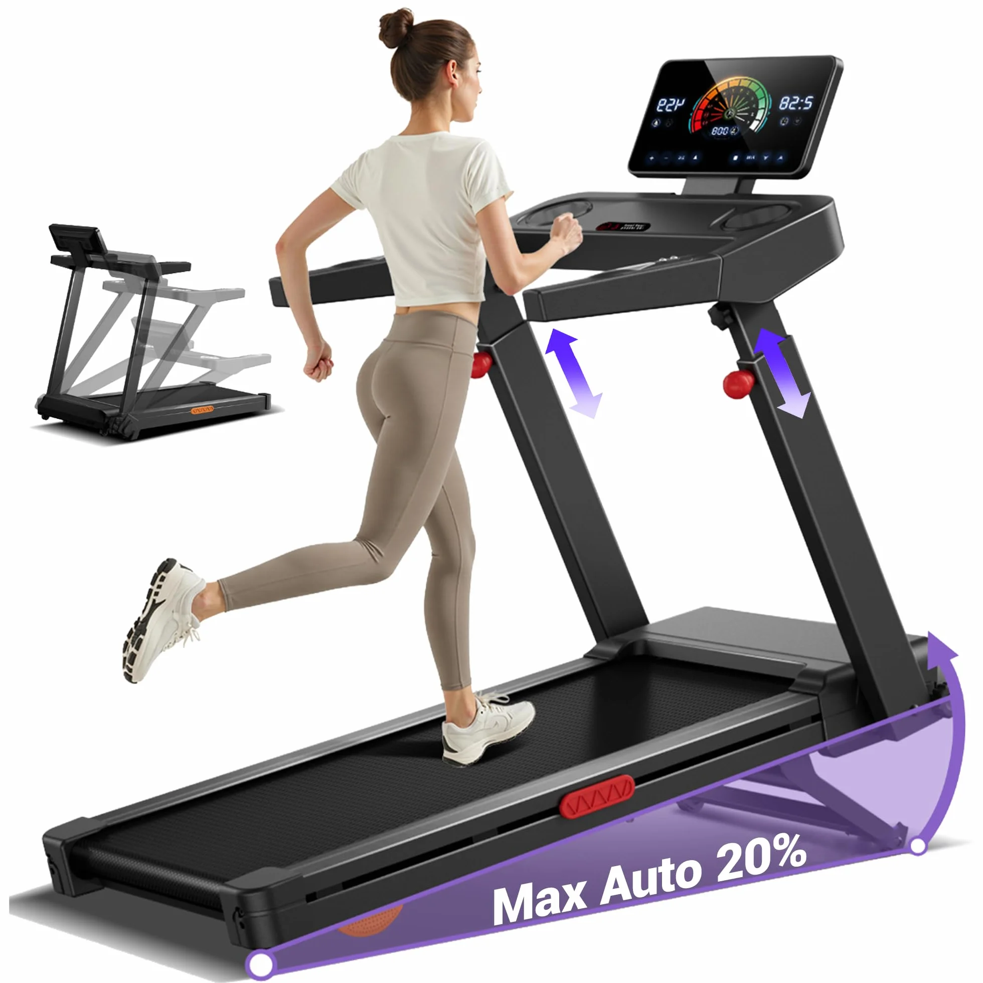 UMAY Tapis de Course avec Inclinaison Automatique 20%, 14KM/H Pliable 3,5CV Treadmill Home Affichage LED Charge Max 180KG