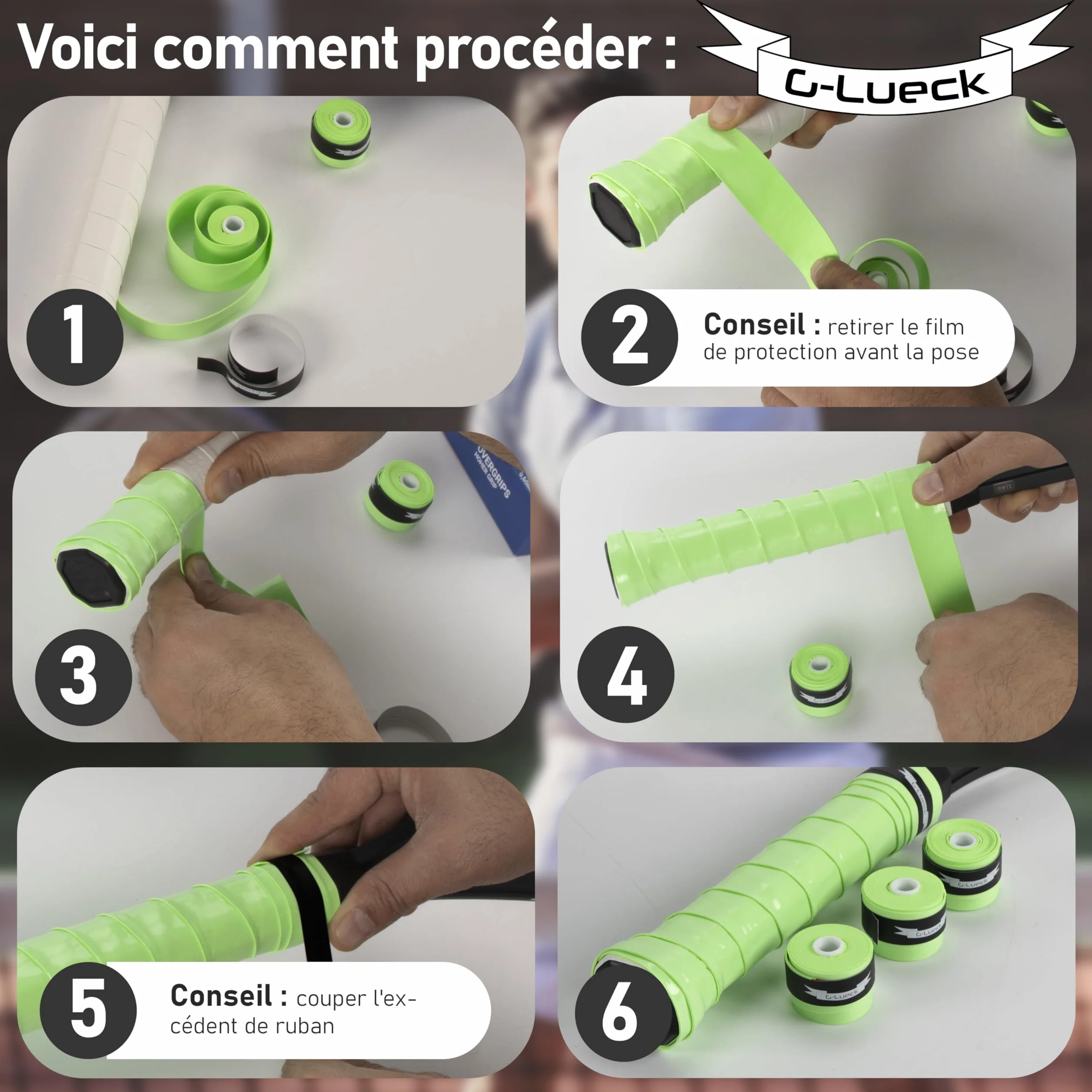 G-Lueck Lot de 50 overgrips de Tennis (très adhérents) | Talent Grip | 0,50-0,60 mm d'épaisseur | Surgrips pour Raquette de Squash, Badminton et Baby-Foot avec Bande de Finition adhésive |