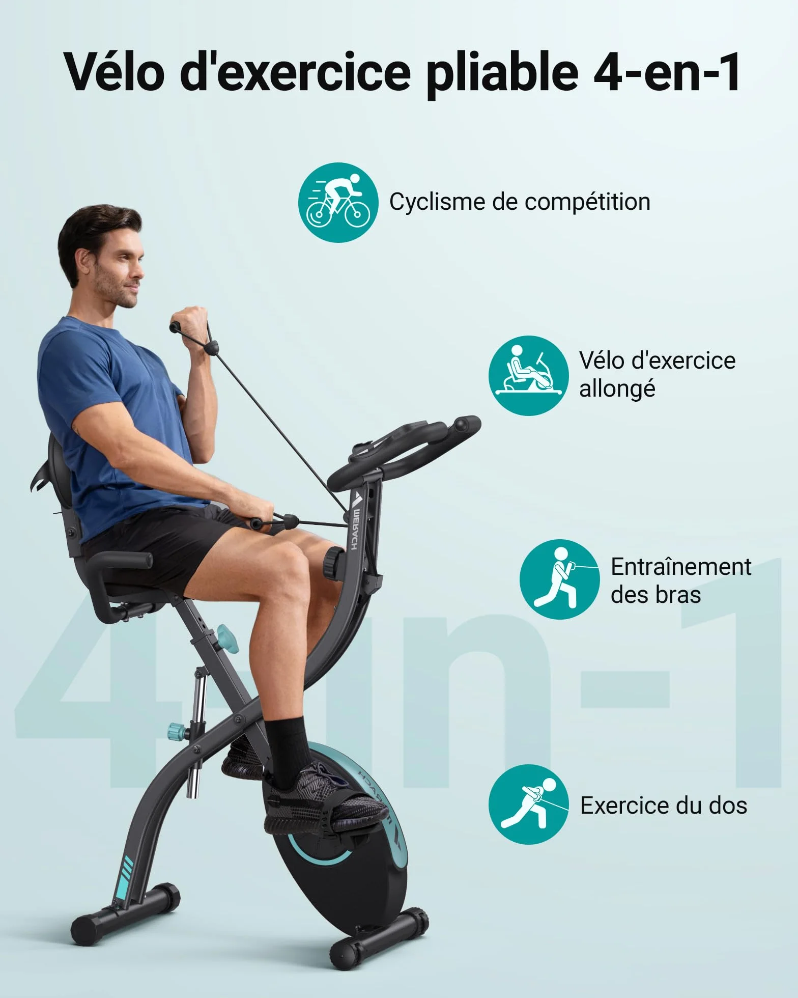 MERACH Velo D Appartement Silencieux avec App Entraînement, 4 en 1 Vélo D’Appartement Pliable avec Résistance Magnétique 16 Niveaux, Écran LCD, Mesure du Pouls, Bande de Résistance, Selle Confortable