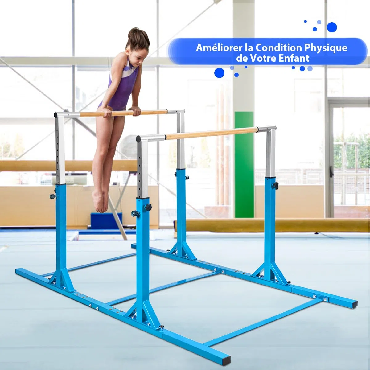 COSTWAY Barres Parallèles de Gymnastique Hauteur Réglable 11 Niveaux, Double Barre Gymnastique à Largeur Réglable Charge 100KG, Entraînement pour Enfants 6 à 12 Ans