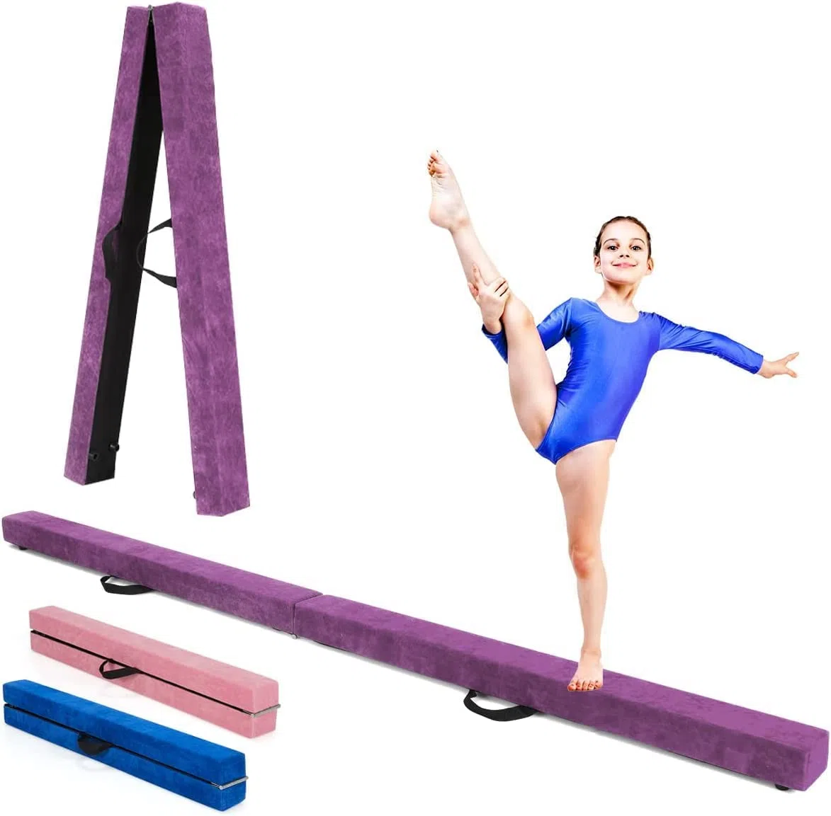 RELAX4LIFE Poutre Gymnastique Pliable 210 cm en Finette avec Pieds Surélevés, Poutre Gym au Sol Portable avec Poignées de Transport, Gymnastique Materiel pour Enfants et Adultes