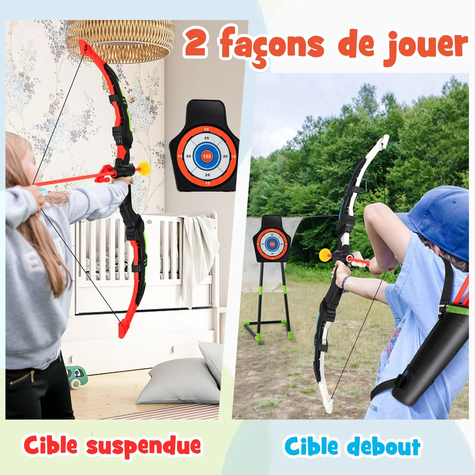 COSTWAY Arc et Flèche pour Enfants avec Lumières LED, Ensemble de Tir à l'arc avec 20 Flèches, 1 Cible Debout/Suspendue et 2 Carquois, Jeu de Tir Intérieur Extérieur pour Garçons Filles de 3 Ans+