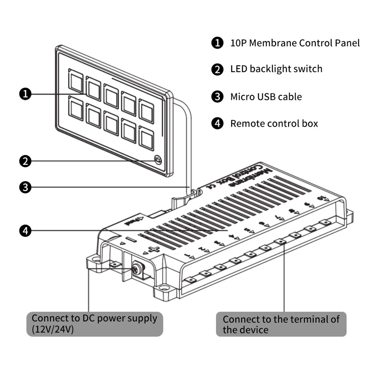 Panneau de commande, membrane 10P Contrôle d'application Blue tooth avec module de rétroéclairage, harnais et étiquettes autocollantes LED tactile PPTC intégré pour bateau de camping-car