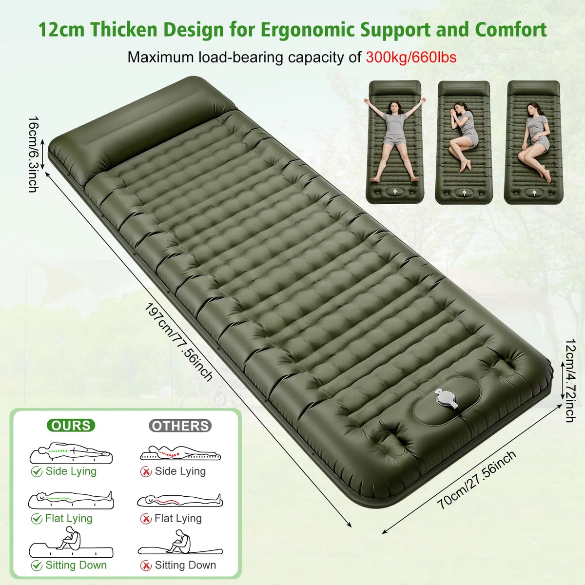 Matelas Camping Épais de 12-16 cm, Matelas Gonflable Camping avec Pompe à Pied Intégrée, Matelas Trekking Bivouac Randonnée Ultra Léger Imperméable, Lit Gonflable 1 Place pour Plage Randonnée