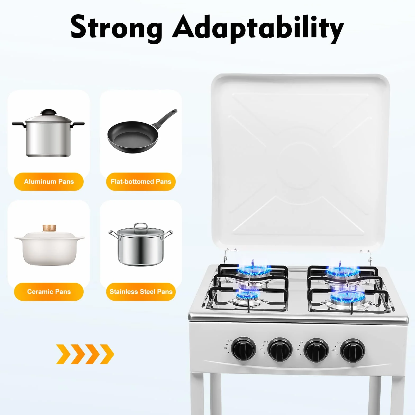 Réchaud à gaz 4 flammes, cuisinière à gaz naturel autoportante, avec étagère à 2 étages et couvercle, réchaud à gaz naturel avec 4 brûleurs, four de camping portable pour camping, extérieur