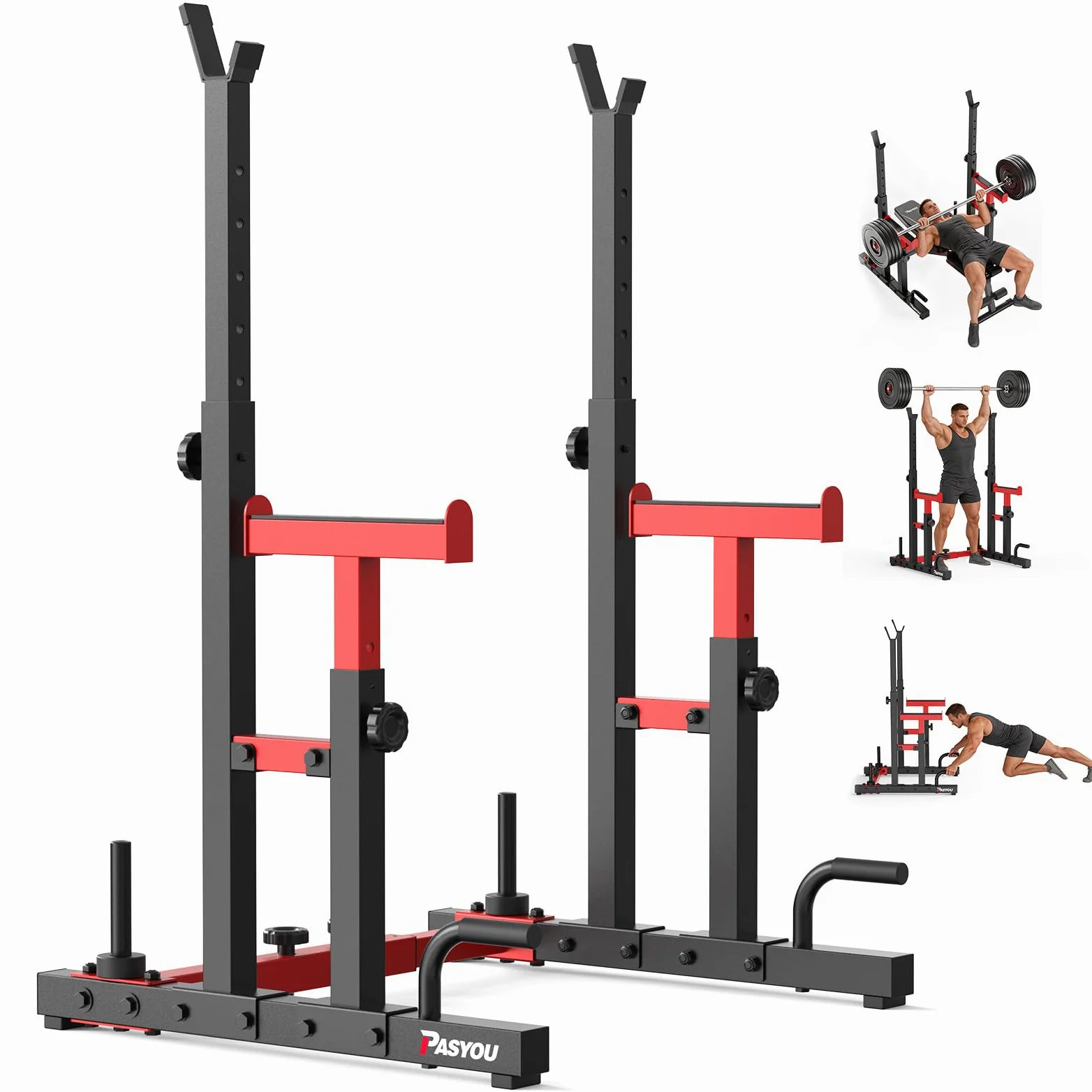 PASYOU Cages de squat,Multi-Fonction Supports de Squat Réglable, Squat Rack Musculation Avec Push up,Fitness Multifonction, Robuste, Noir&Rouge | Support de squat robuste réglable en hauteur, convient pour les squats, développé couché, musculation, 544,3
