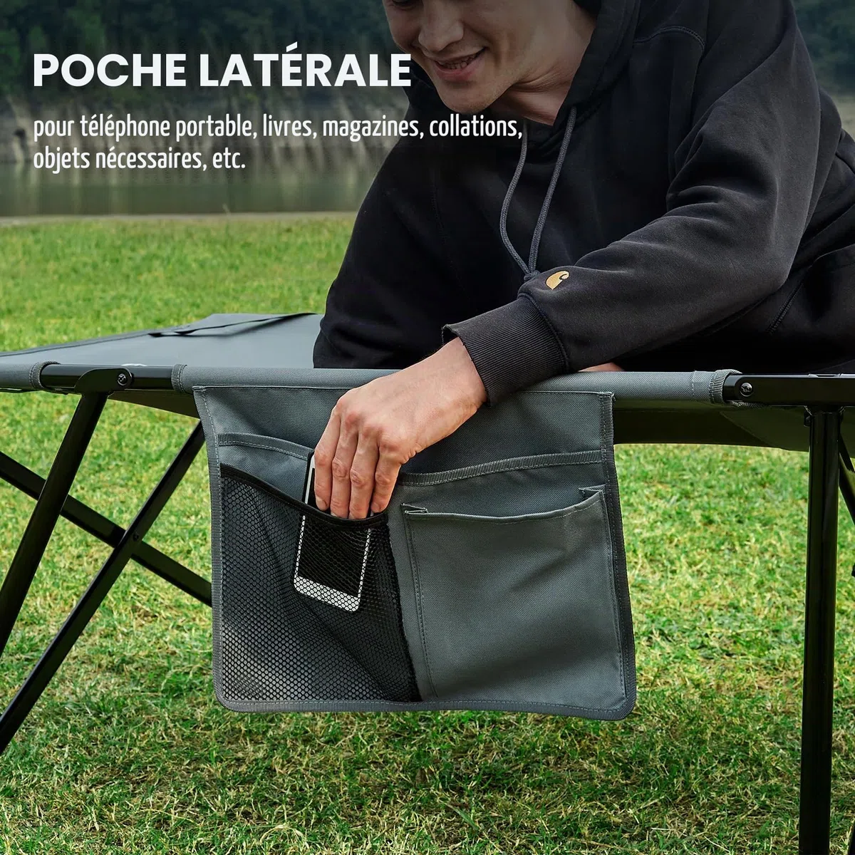 EVER ADVANCED Lit de Camping Pliable XL 214x79x50cm, Charge maximale 200 kg, Lit de Camp Large avec Poche latérale, Stable et Portable, pour Camping, Voyage, Jardin, extérieur et intérieur