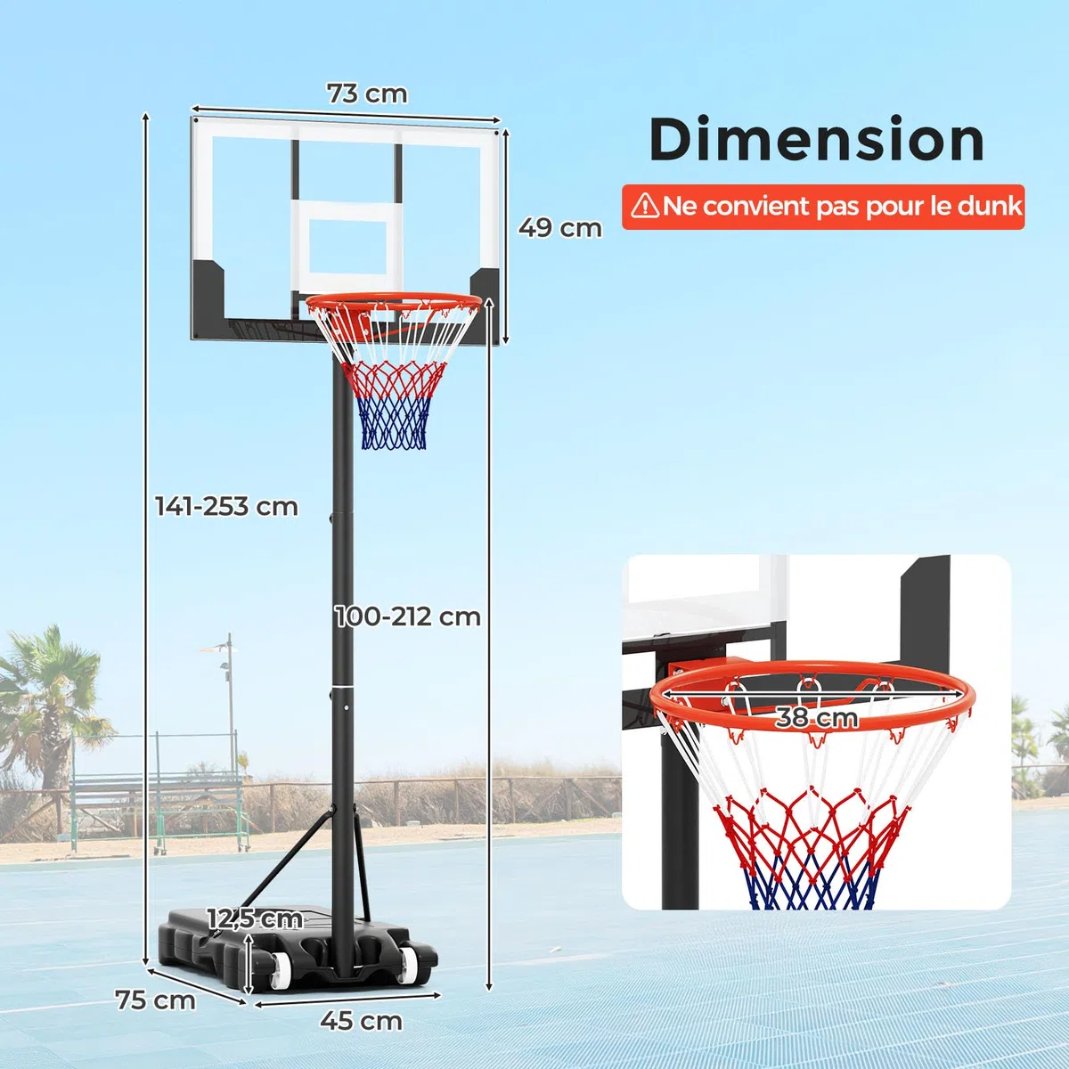 COSTWAY Panier de Basket-Ball Hauteur Réglable, Support de Basketball Mobile Extérieur avec Panneau Arrière Incassable Base Remplissable et Roues, pour Enfants